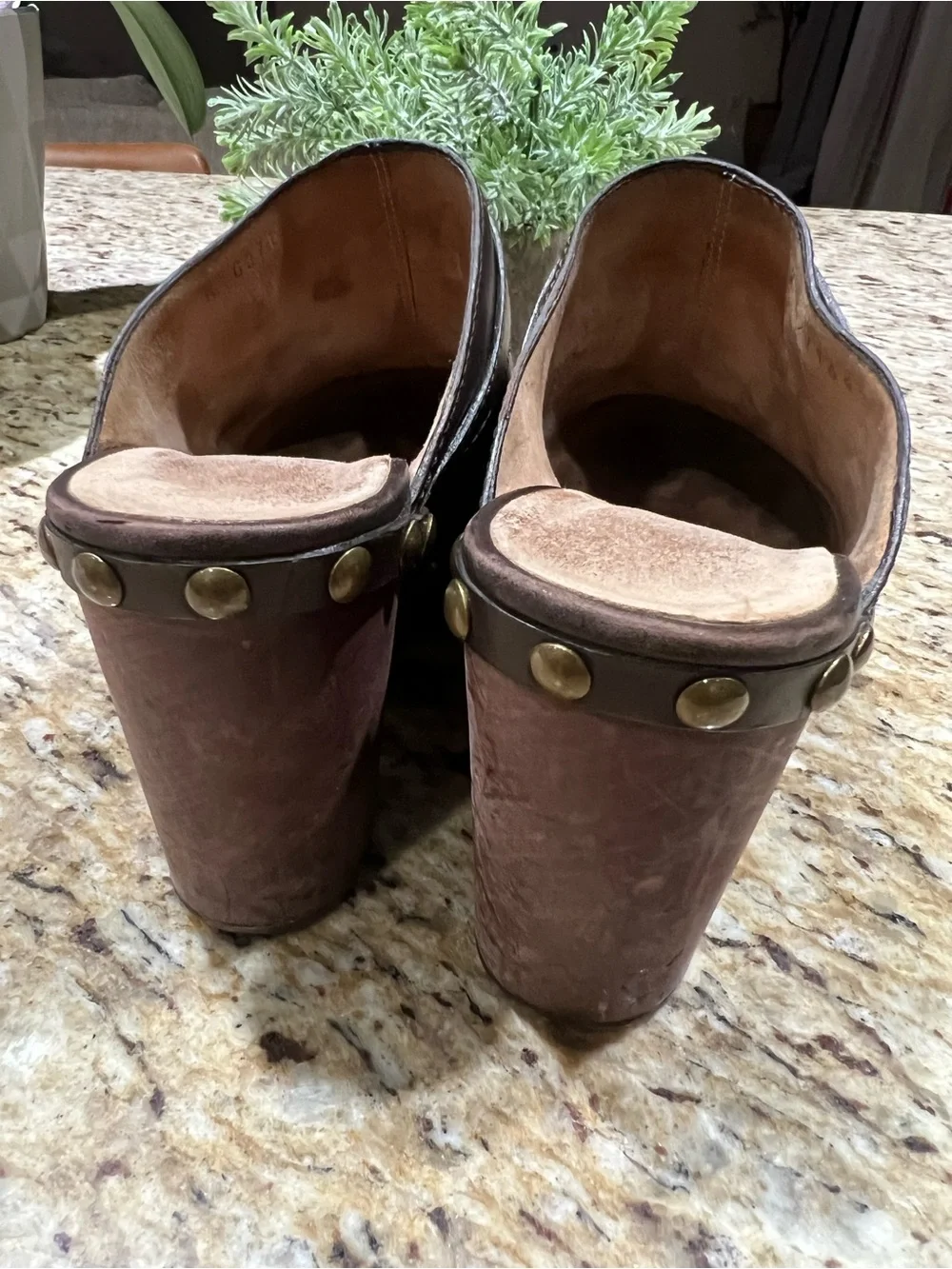 Chanel Brown Leather Interlocking CC Studded Platform Clog Mules 37.5